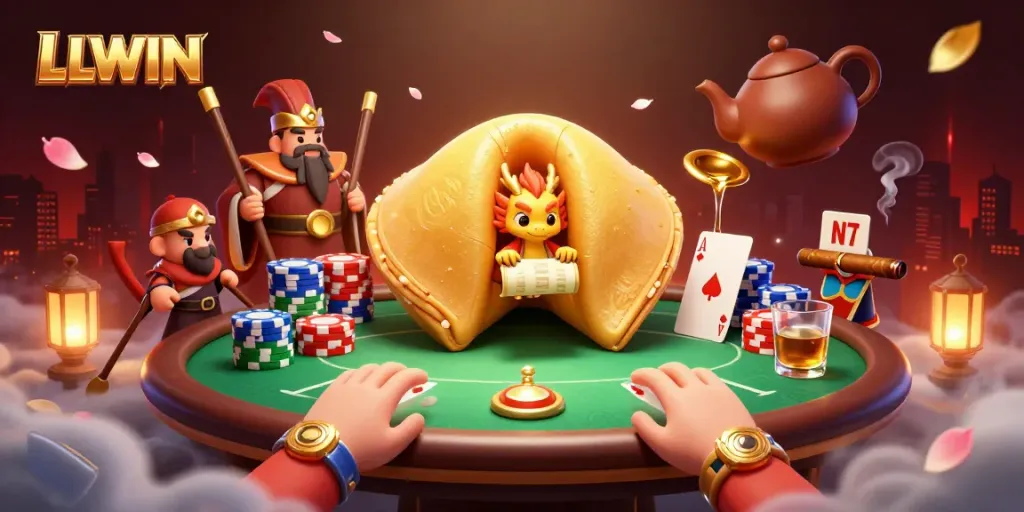LLWIN features a golden fortune cookie and wise dragon, surrounded by poker elements in an engaging casino scene.
