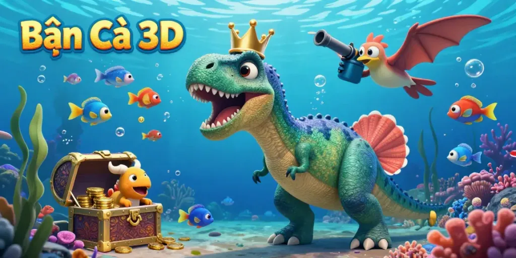 Bắn Cá 3D colorful fish shooting action with marine creatures in an underwater treasure hunt.