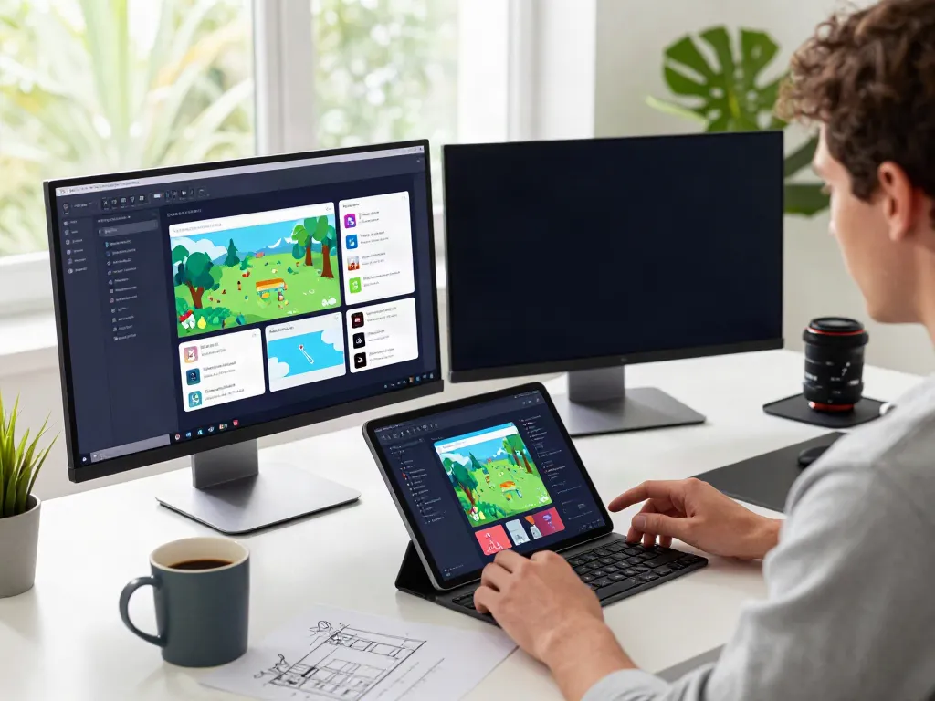 Developer at workspace coding on apktodo app with vibrant UI elements.