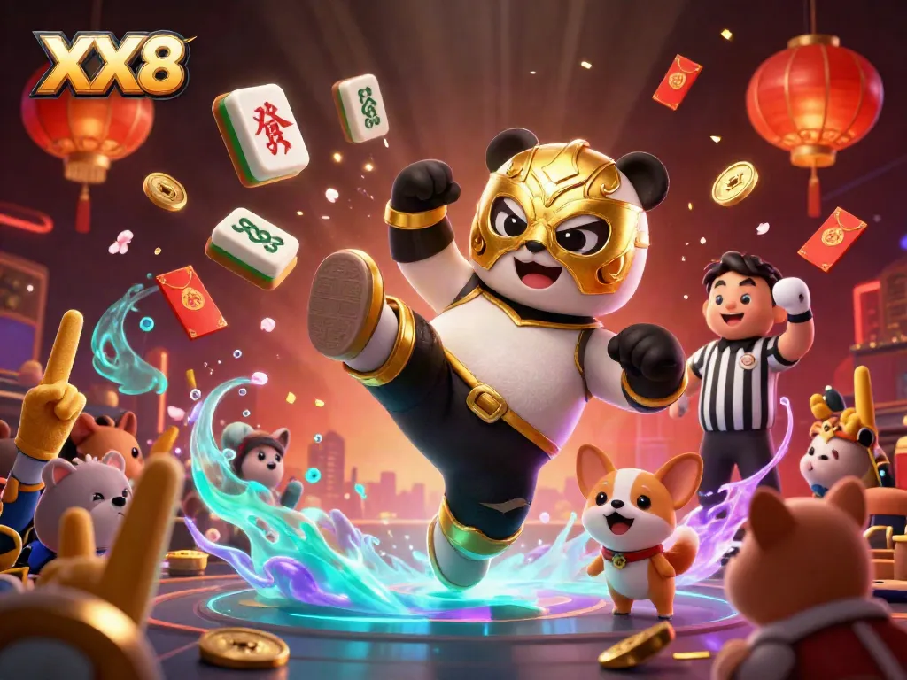 Witness the thrilling action at XX8, featuring a panda wrestler and vibrant casino elements in a lively atmosphere.