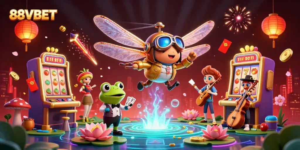 Enjoy thrilling moments with 88VBET as our dragonfly pilot helms a vibrant casino scene filled with excitement.