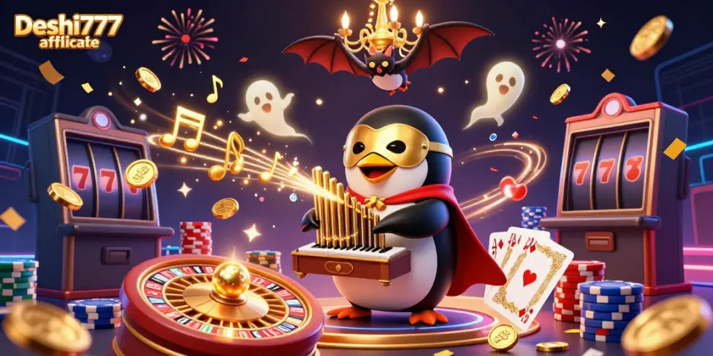 Experience the excitement with Deshi777 affiliate, as the phantom penguin orchestrates riches amidst thrilling casino elements.