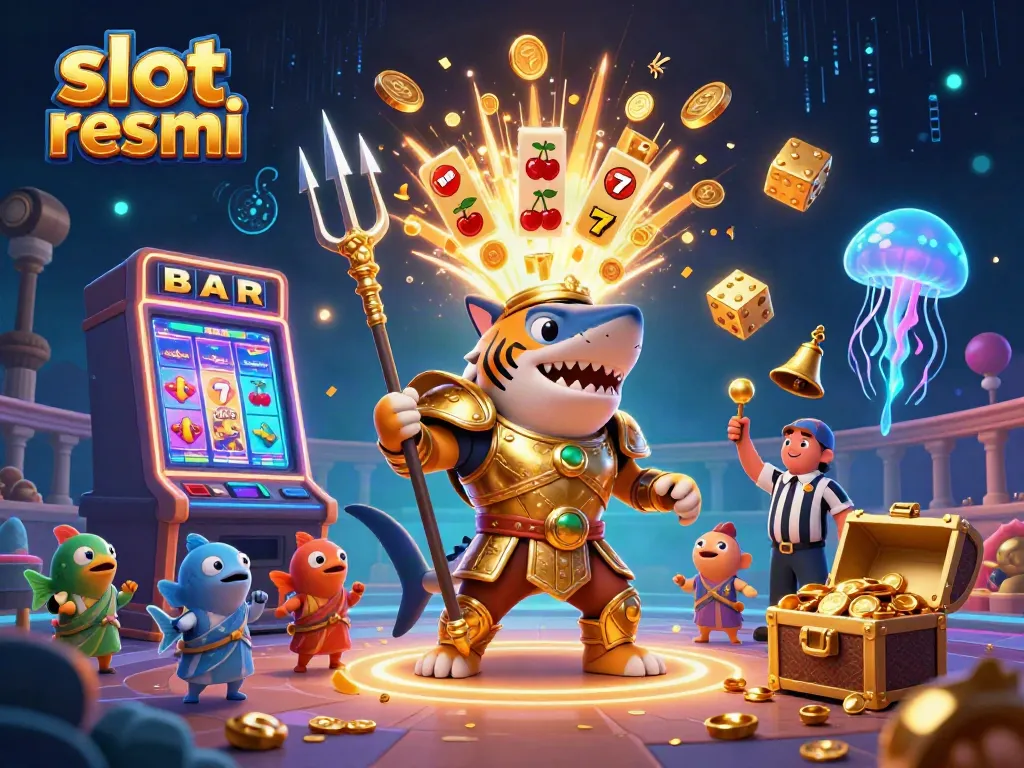 Experience the excitement of "slot resmi" with a tiger shark in a golden gladiator arena amidst dynamic slot symbols and jackpot visuals.