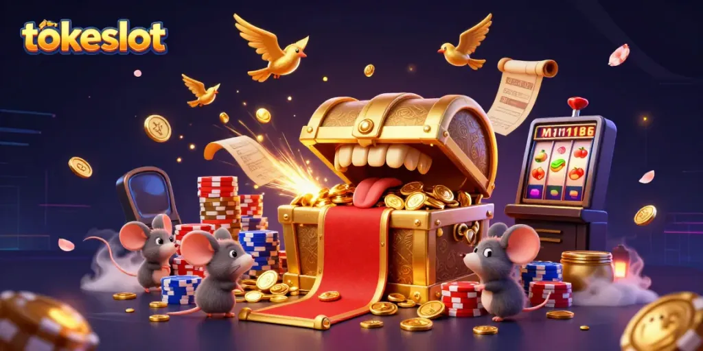 Menangkan jackpot di Tokeslot dengan peti harta karun dan simbol permainan.