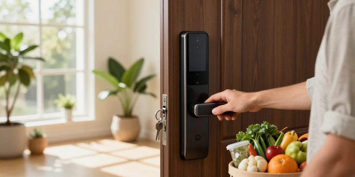 Person unlocking a قفل هوشمند with a smartphone in a modern entryway.