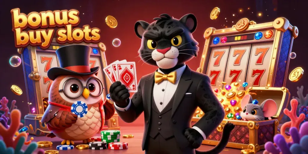 Experience bonus buy slots with vibrant characters in a casino setting, featuring a panther dealer and shimmering elements.