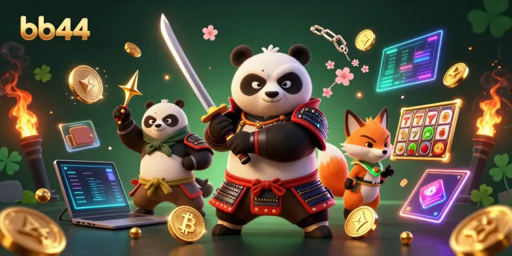 Engaging bb44 casino illustration featuring samurai panda and ninja fox surrounded by vibrant slot game elements.