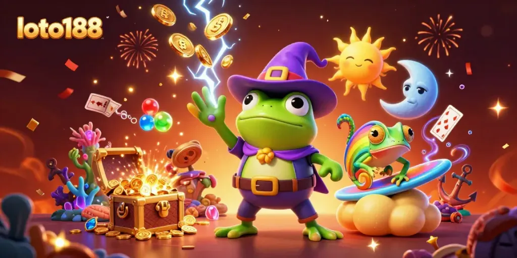 Experience the excitement of loto188 as a wizard frog conjures golden coins amidst colorful casino symbols.